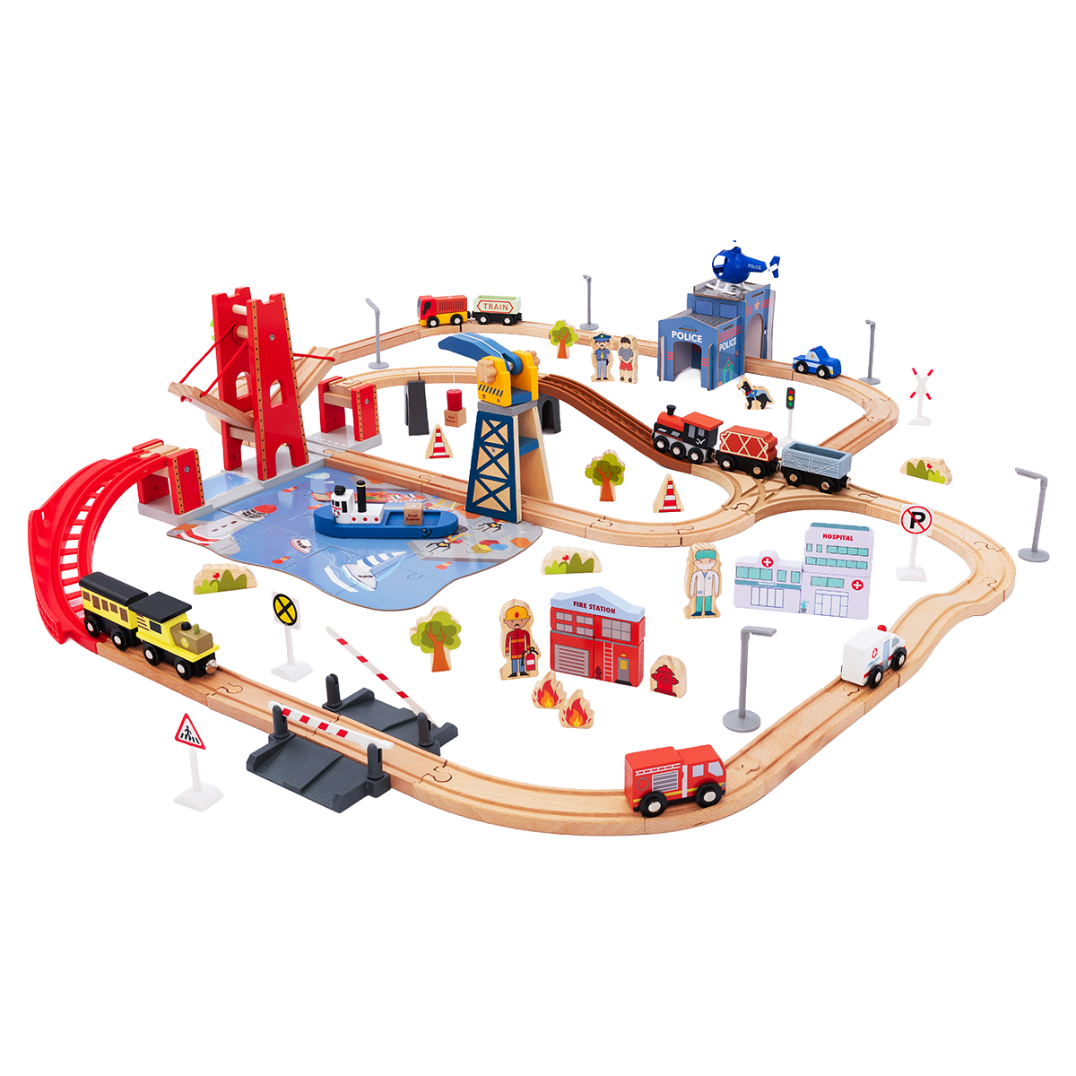 117-Piece Wooden City Port Train Set for Kids Ages 3-8 | Giant