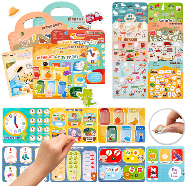 Giant bean Reusable Sticker Book for Toddlers 1-3, 4 Jelly Sticker Books and 1 Writing Board, Featuring City, Holiday, Alphabet and Number Themes, Educational Learning Toys for Boys and Girls Ages 2-4