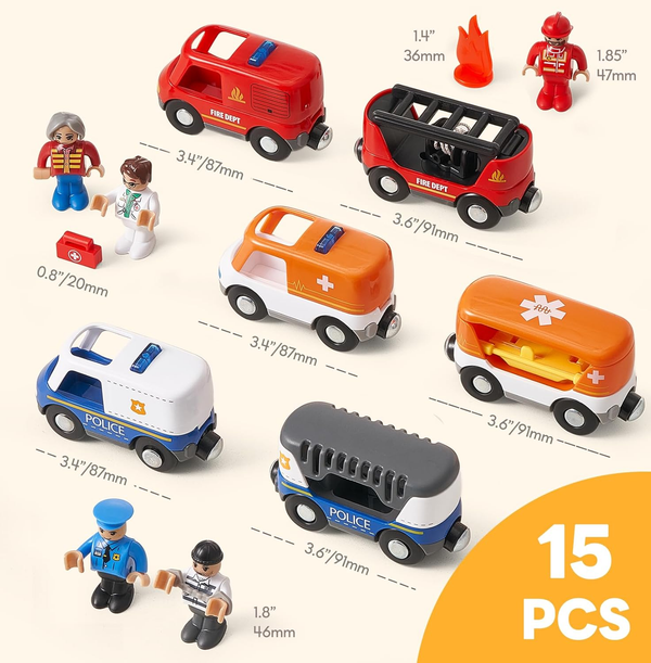 6-Piece Magnetic Rescue Train Car Set with Sound & Lights – 3-in-1 Police, Fire & Ambulance Emergency Vehicle, Magnetic Coupling with Action Figure Accessories, STEM Toys for Kids Over 3 Years Old