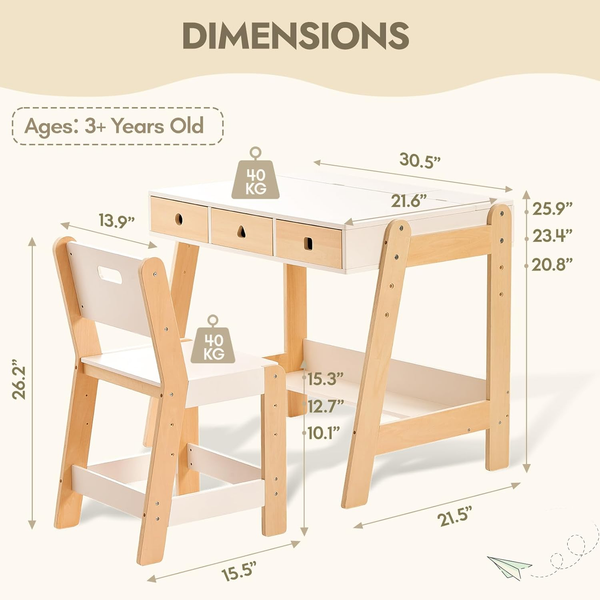 Wooden Table and Chair Set for Kids, Study Table and Chair Set with Storage Drawer, White Study Table with Cabinet for Boys and Girls Ages 3-12, Suitable for Classroom, Home, Playroom