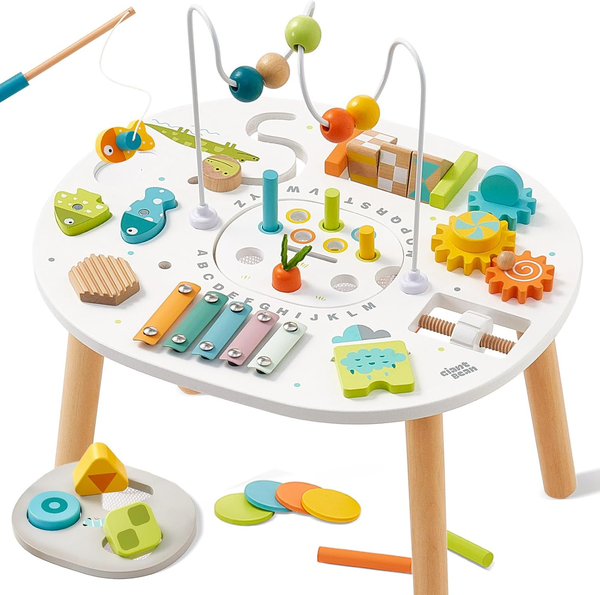 Wooden Activity Table for 1 Year Old Kids, 11-in-1 Learning Table with Bead Maze, Shape Classifier, Fishing Game & More – Sensory Development Toy for Toddlers, Ideal 1st Birthday Gift