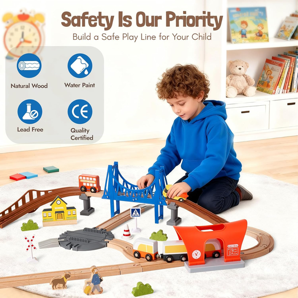94pcs Wooden Train Set, Modern City Adventure Railway Track for Kids with Bridge, Tunnel, Crane, Town Buildings, Compatible with Most Brand, Christmas Toy Gift for Boys Girls Age 3-8