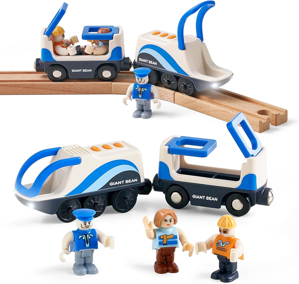 Battery Operated Magnetic Trains with Lights & Sound, Electric Locomotive with Forward & Reverse Buttons, 3 Figures, Compatible with Train Track Toy for Kids