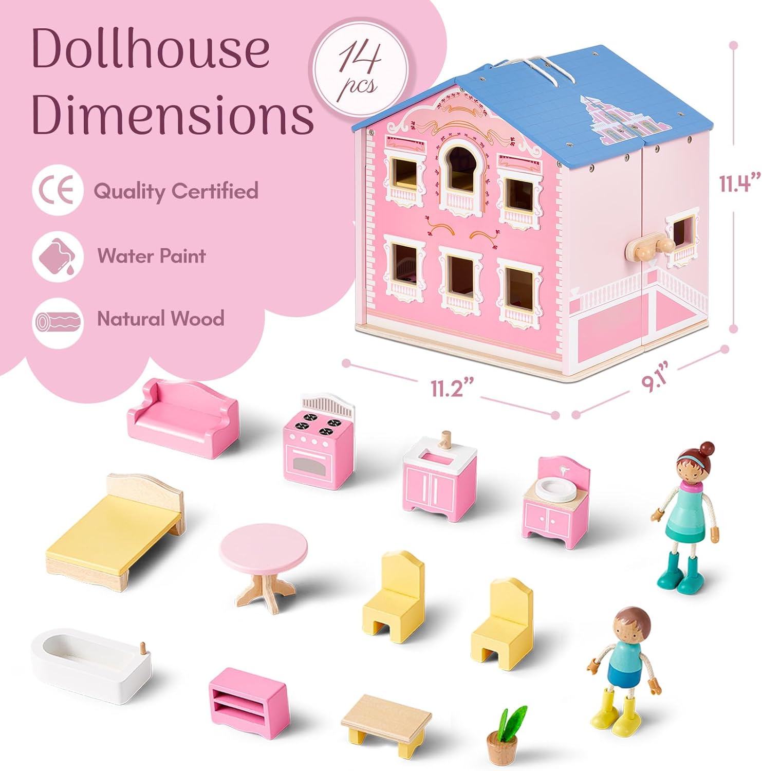 Foldable Pink Wooden Dollhouse - Portable Playset Ages 3+ | Giant