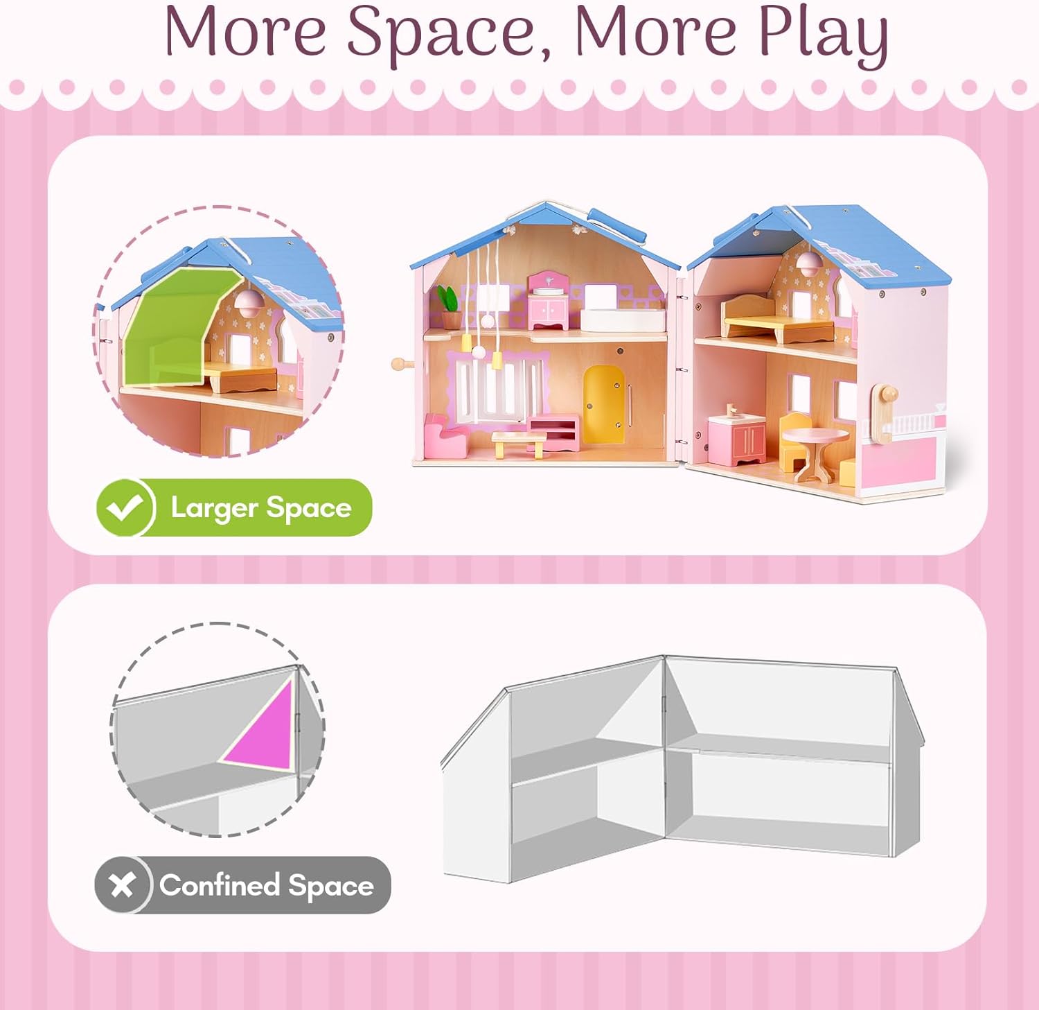 Foldable Pink Wooden Dollhouse - Portable Playset Ages 3+ | Giant