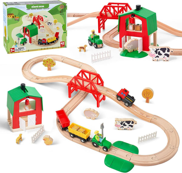 42 Pcs Wooden Farm Train Set for Toddlers, Battery Powered Train Track Set with Bridge, Barn, Animal, Tractor Cargo Train, Compatible with Most Brands, Toy Gift for Boys Girls Ages 3-8