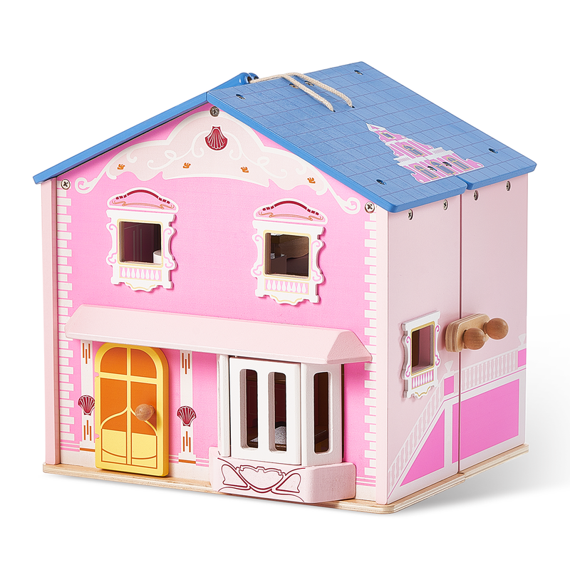 Portable Pink Wooden Dollhouse with Handle Ages 3+ - Giant Bean